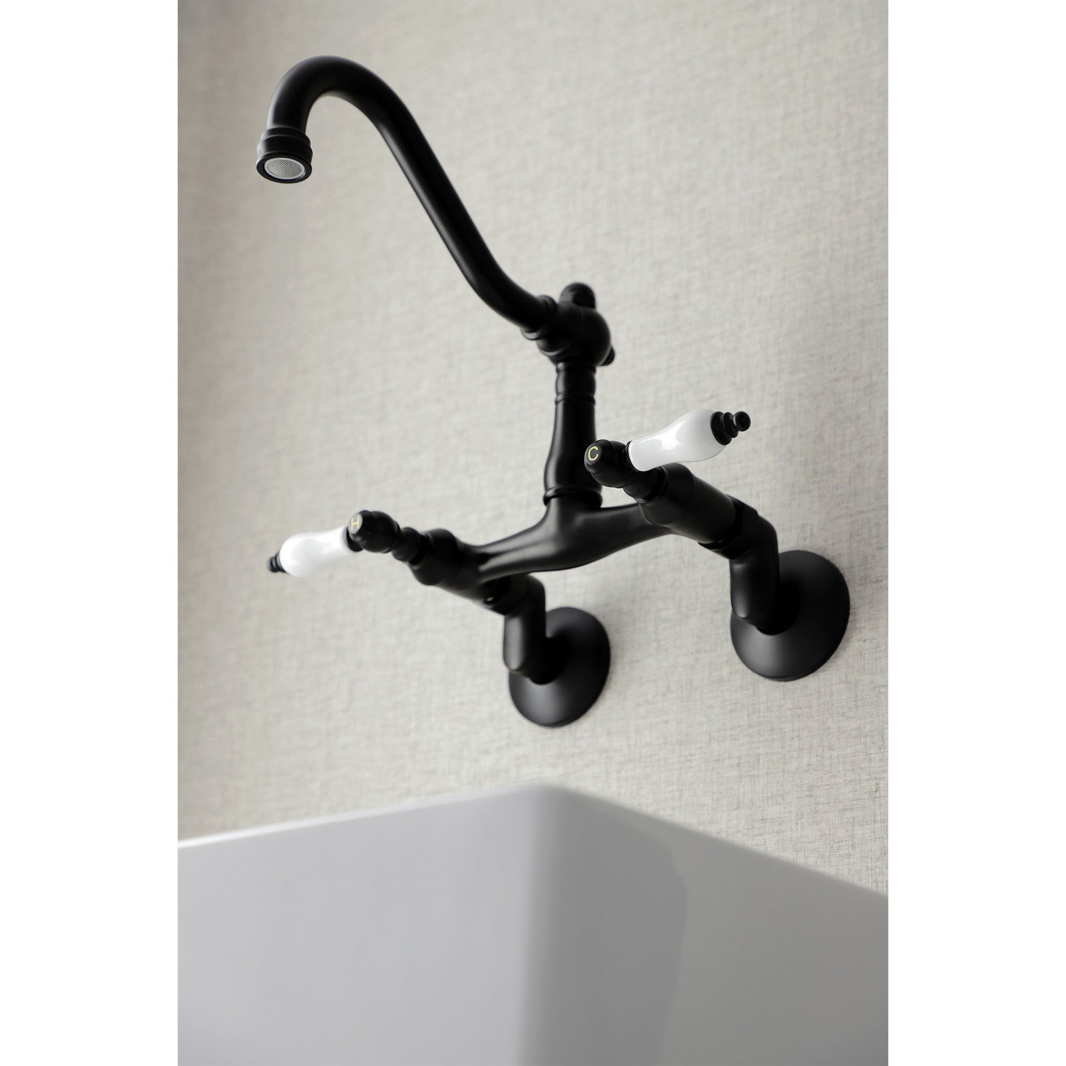 Kingston Heirloom KS3220PL - Vintage Two-Handle 2-Hole Wall Mount Bridge Kitchen Faucet, Matte Black — thumbnail 3
